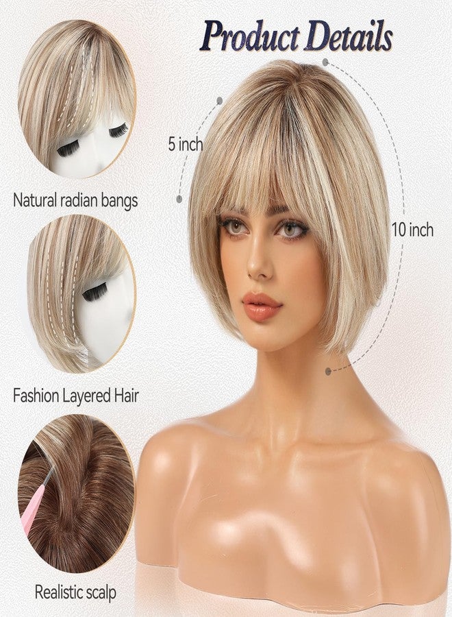starluck Hair Topper for Women Real Human Hair 6.5"x6.5" Base ombre Blonde with Brown Highlight(T4/613/6#) Short Bob with Bangs Side Part SilkHug HairTopper for Women with ThinngHair Cover Gray Roots - Image 3